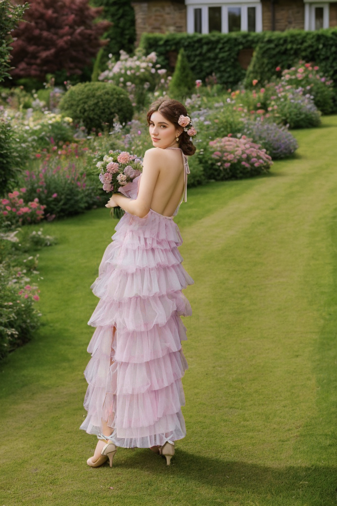 Haltered Sliding Ruffle Layered Hem fit and flare tutu ankle length tulle prom dress SelenaHuanStudio