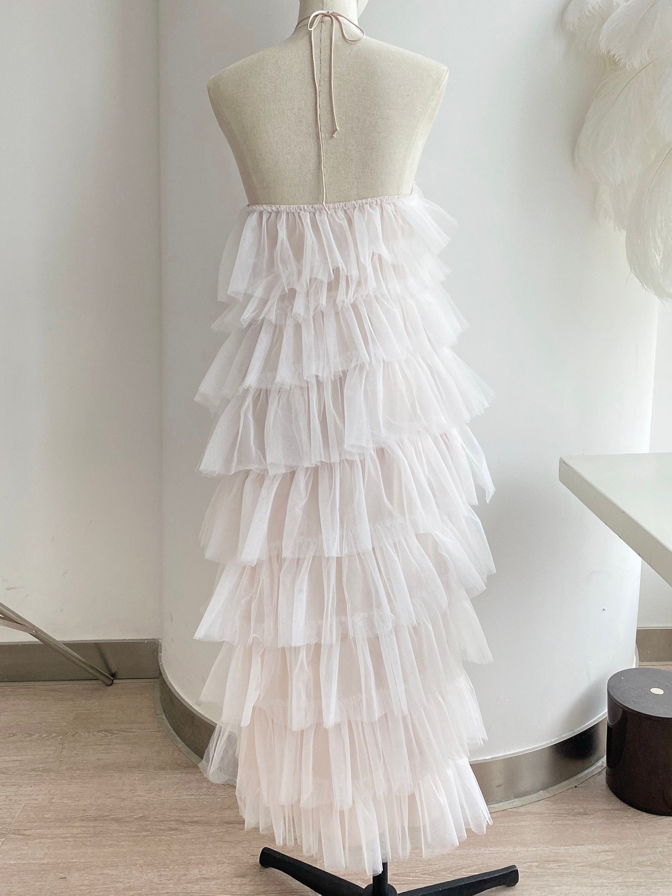 Haltered Sliding Ruffle Layered Hem fit and flare tutu ankle length tulle prom dress SelenaHuanStudio