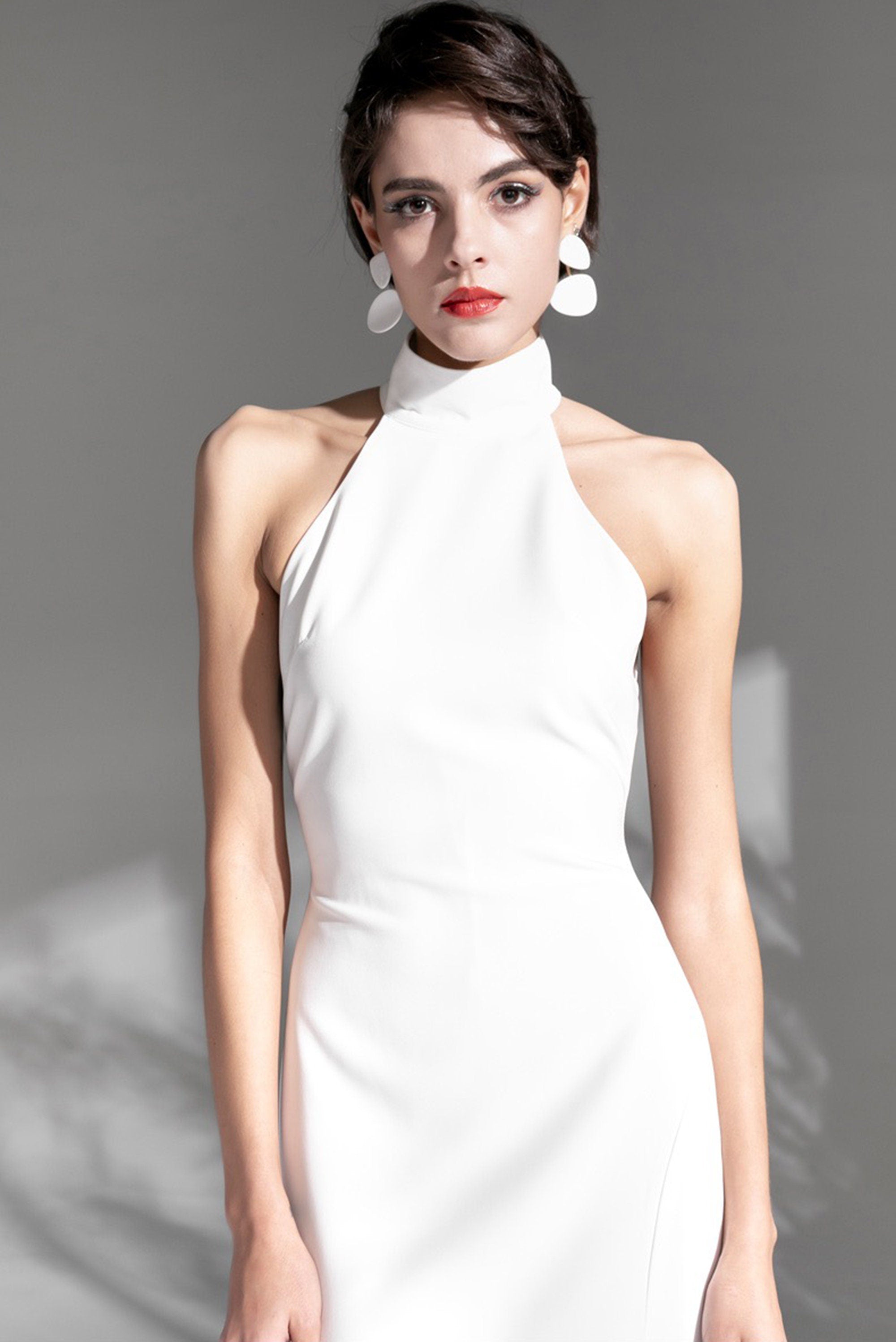 Elegant Haltered Hallowed Back Satin wedding dress thigh Split mini wedding dress SelenaHuanStudio