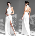 Elegant Haltered Hallowed Back Satin wedding dress thigh Split mini wedding dress SelenaHuanStudio