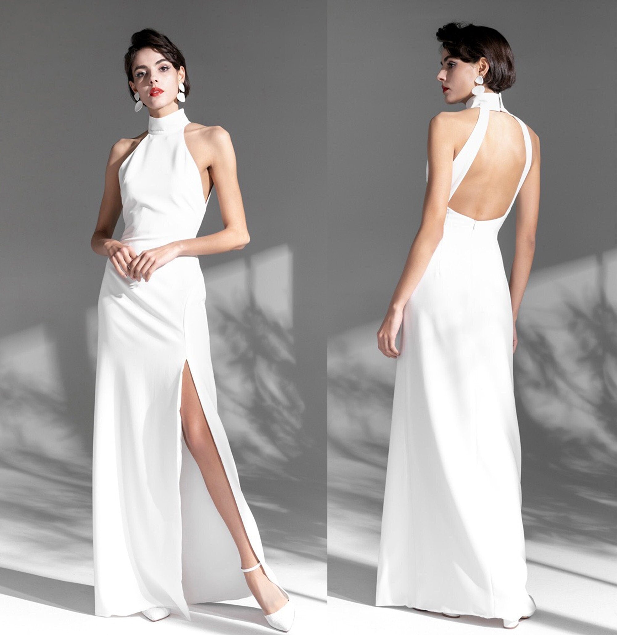 Elegant Haltered Hallowed Back Satin wedding dress thigh Split mini wedding dress SelenaHuanStudio