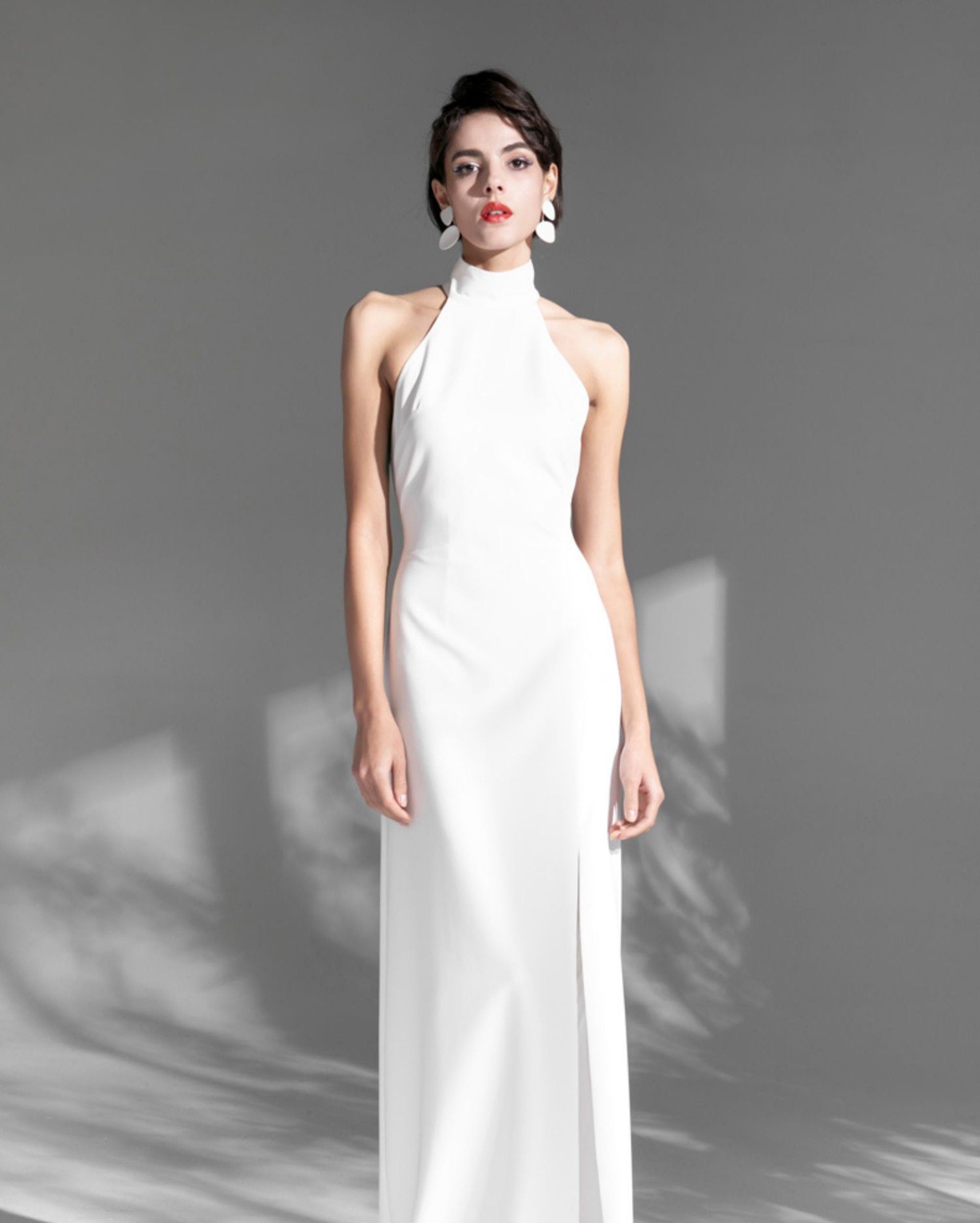 Elegant Haltered Hallowed Back Satin wedding dress thigh Split mini wedding dress SelenaHuanStudio
