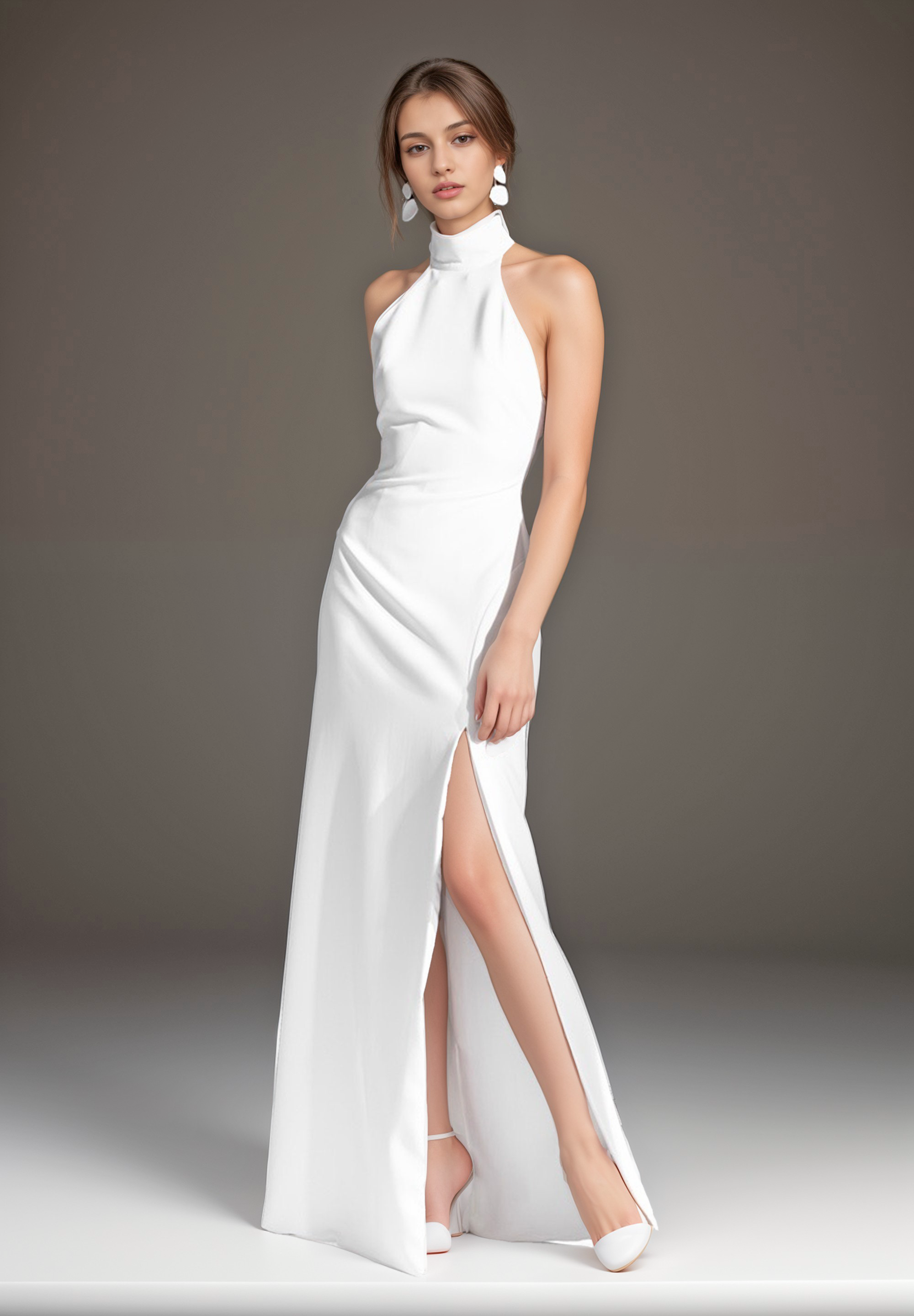 Elegant Haltered Hallowed Back Satin wedding dress thigh Split mini wedding dress SelenaHuanStudio