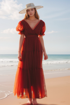 Cape-shoulder short sleeves ruched bodice V-neck layered skirt long tulle prom dress SelenaHuanStudio
