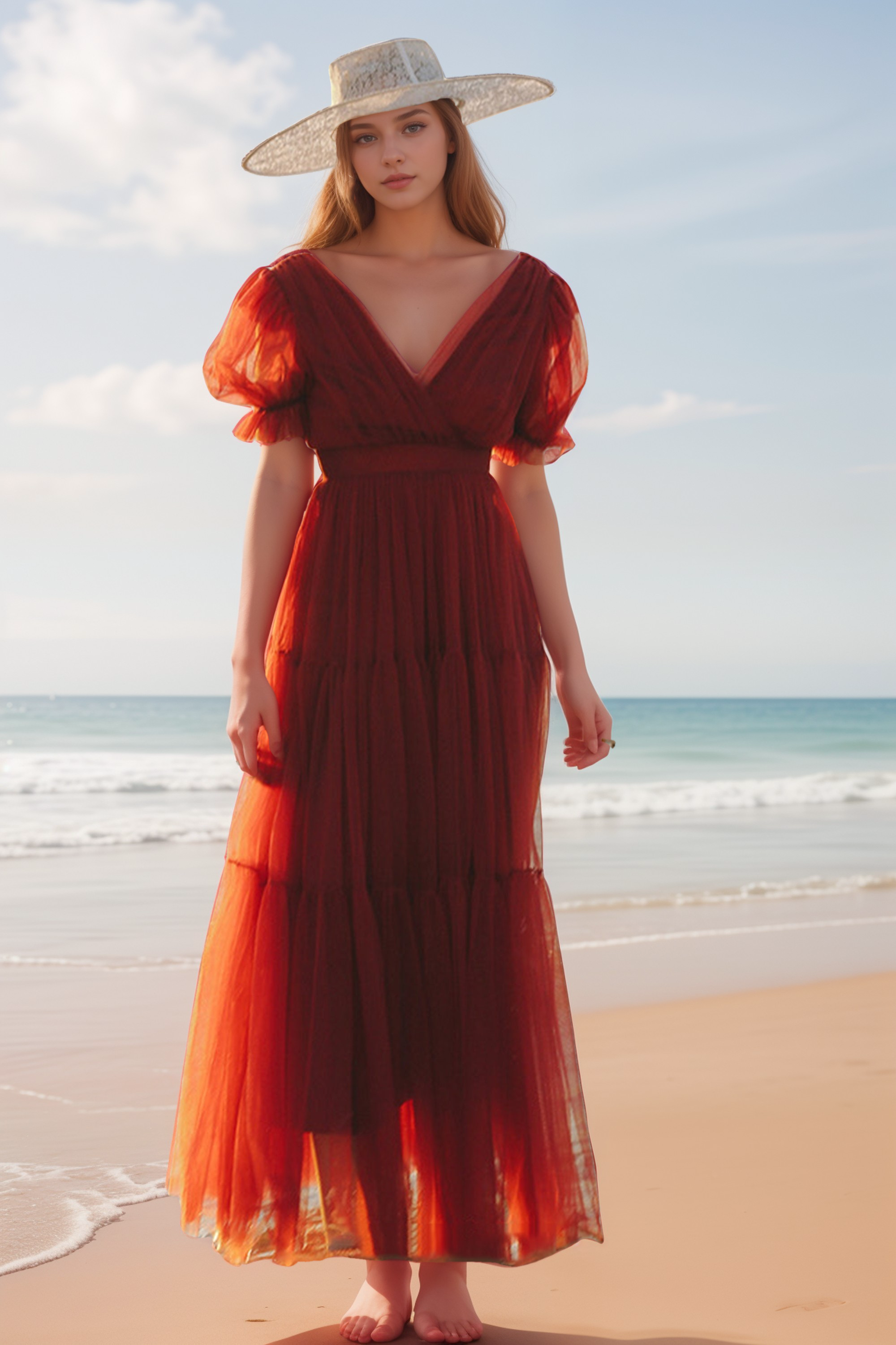 Cape-shoulder short sleeves ruched bodice V-neck layered skirt long tulle prom dress SelenaHuanStudio