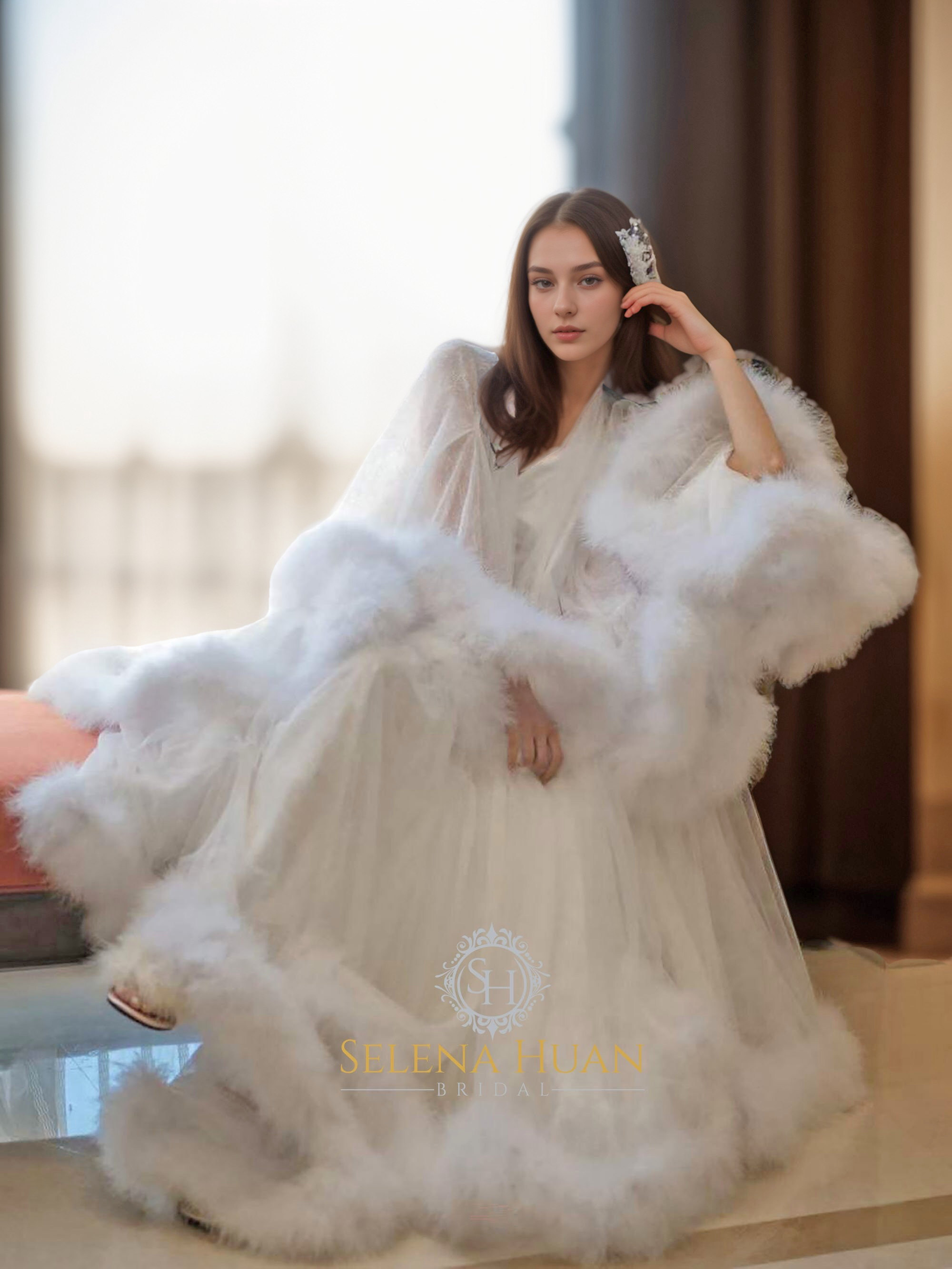 Luxury thick turkey feather fringe long bridal robe set with night gown SelenaHuanStudio