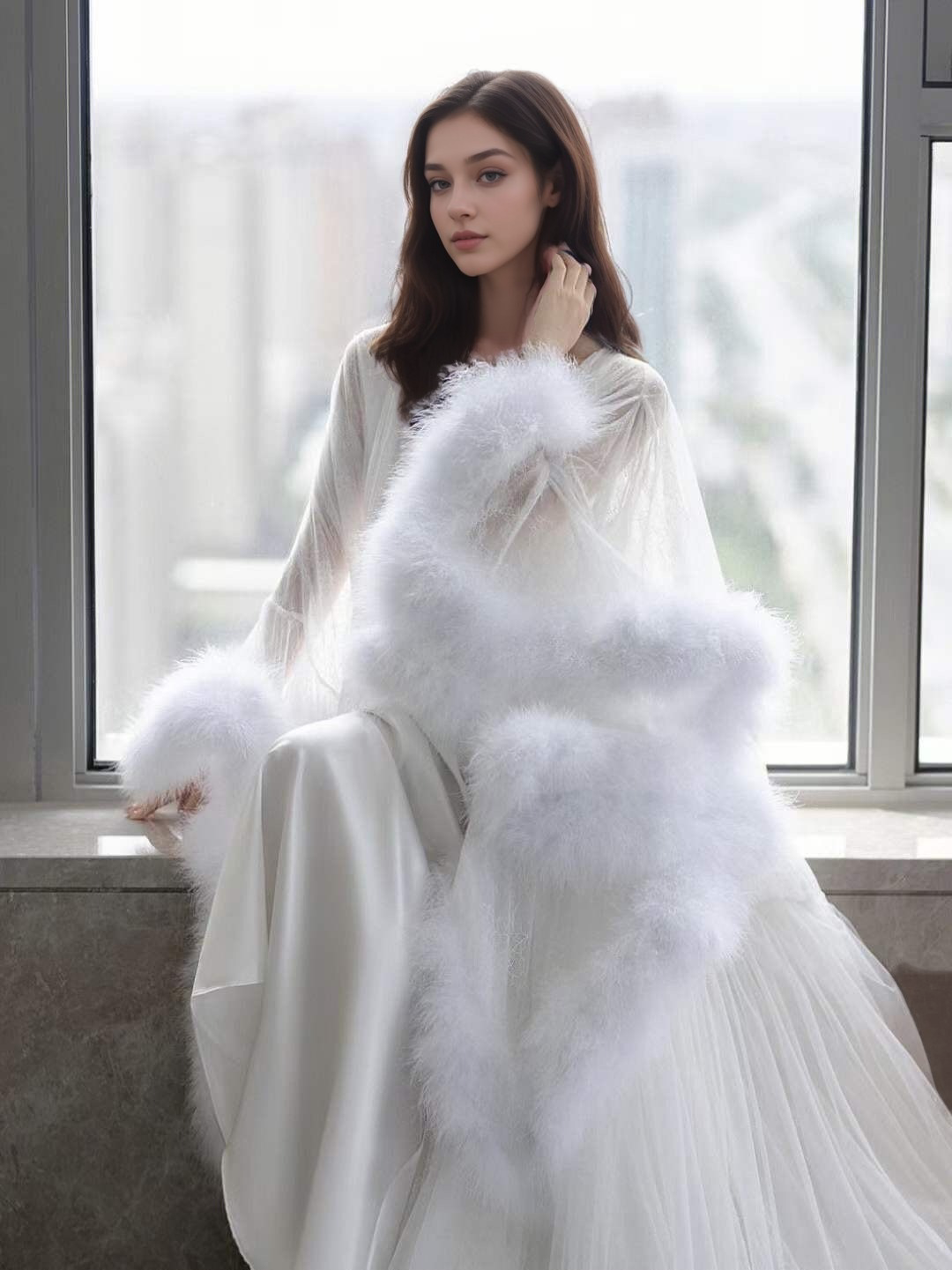 Luxury thick turkey feather fringe long bridal robe set with night gown SelenaHuanStudio