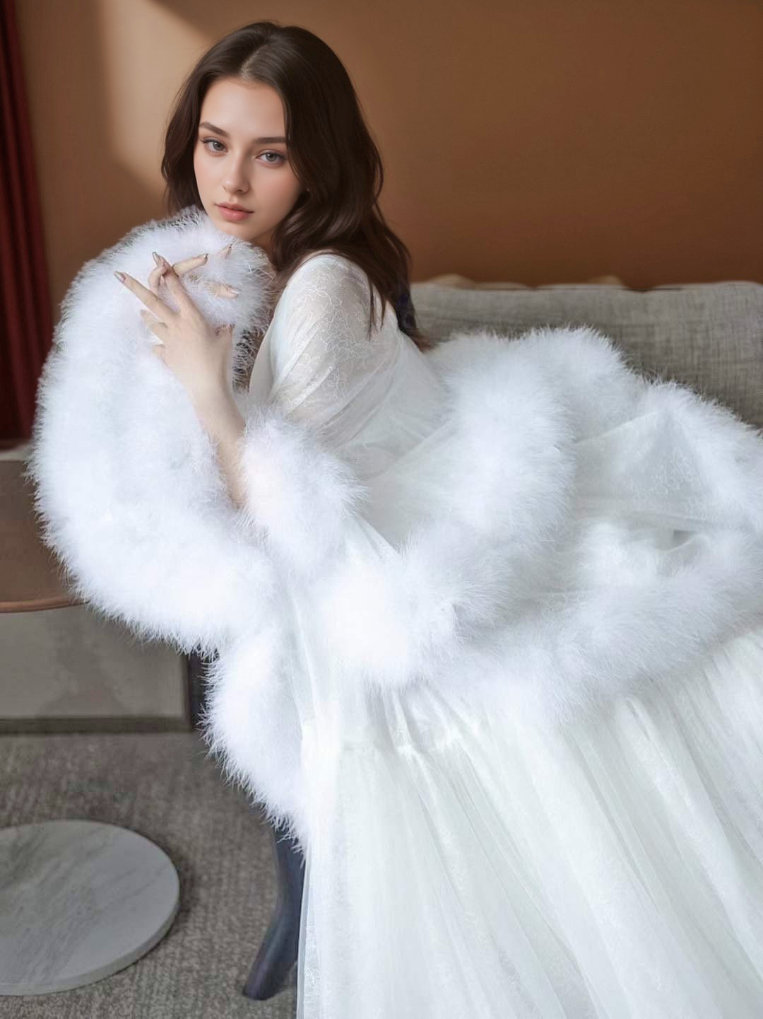 Luxury thick turkey feather fringe long bridal robe set with night gown SelenaHuanStudio