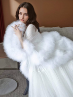 Luxury thick turkey feather fringe long bridal robe set with night gown SelenaHuanStudio