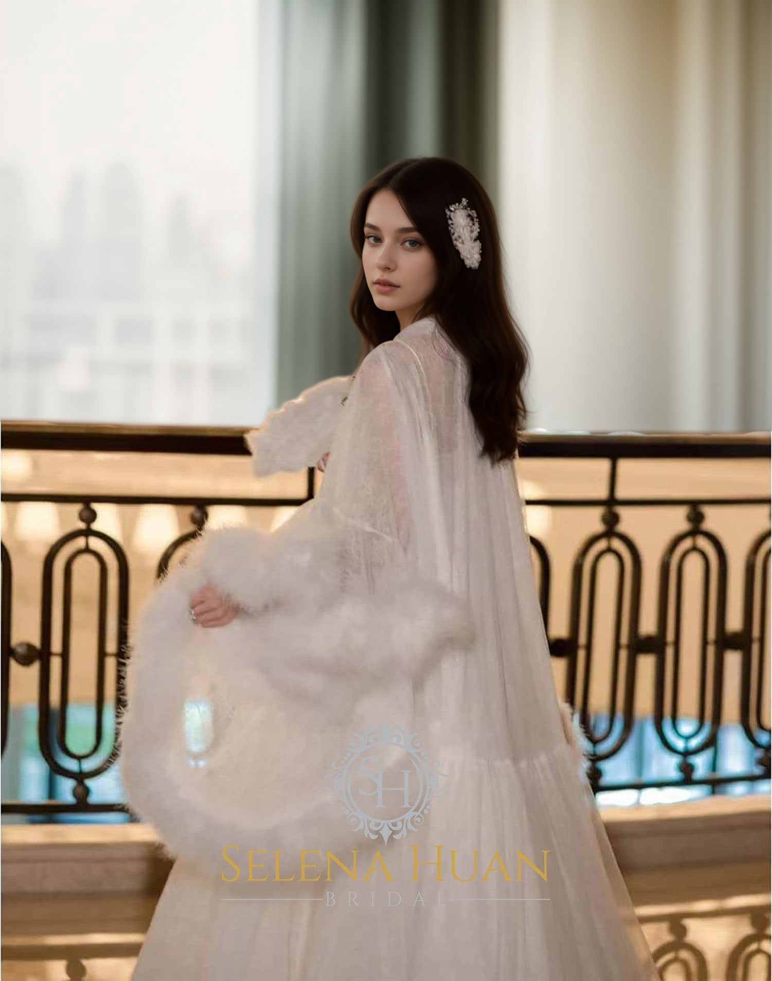 Luxury thick turkey feather fringe long bridal robe set with night gown SelenaHuanStudio
