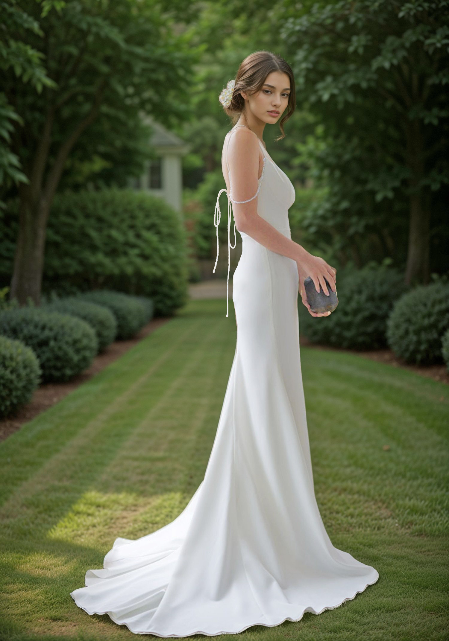 Goddess tie back Spaghetti-straps Mermaid satin wedding dress small train SelenaHuanStudio
