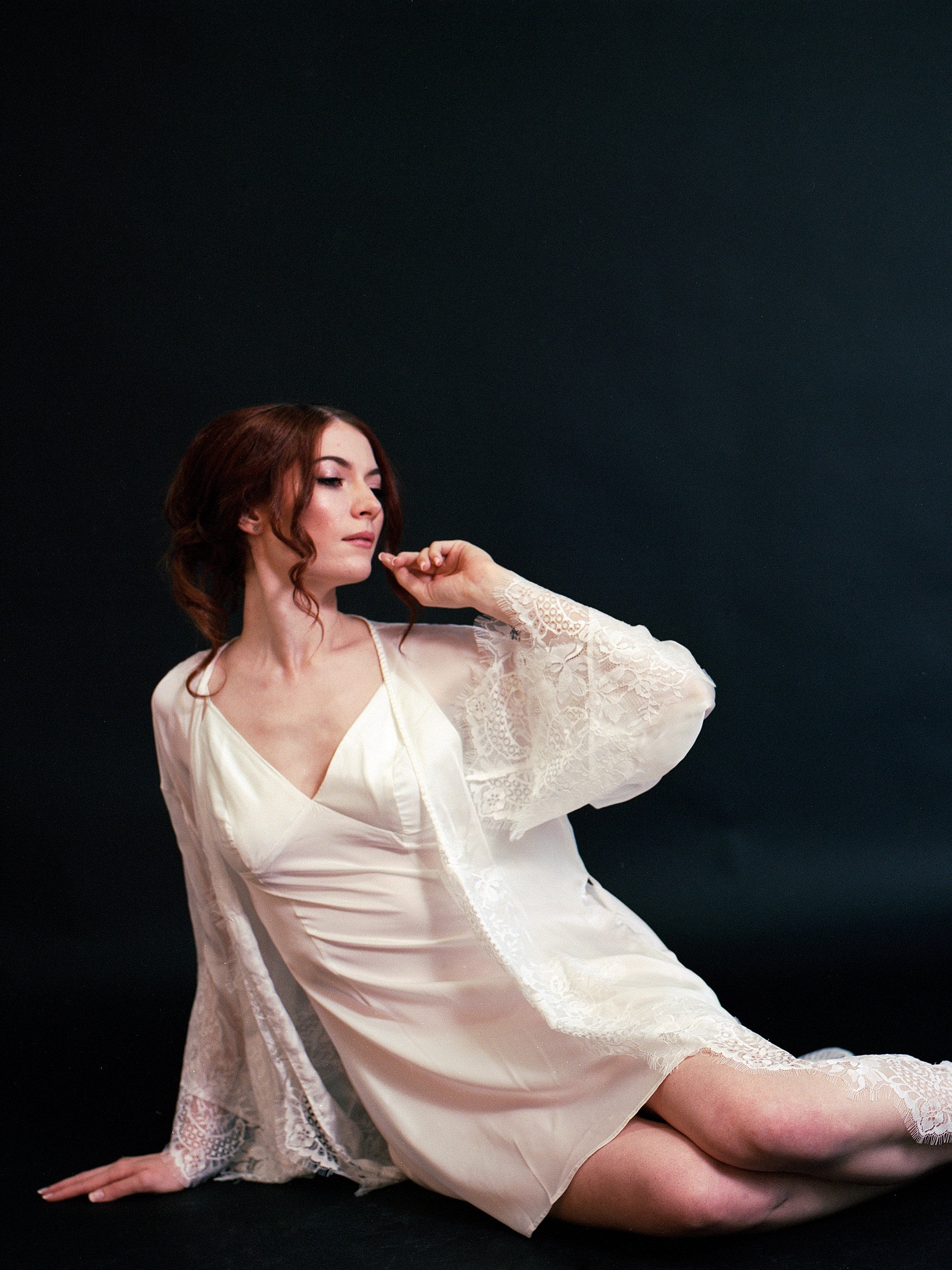 Silky Chiffon Trimmed Lace Long Lingerie Robe with Nightgown SelenaHuanStudio