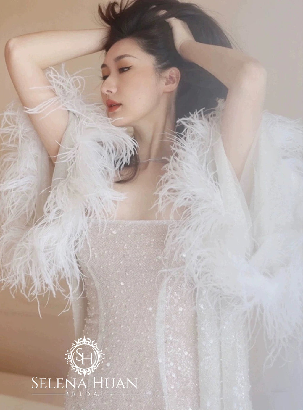 Ostrich Feather sequin mesh long robe dress with nightgown pink ivory-next day shipping