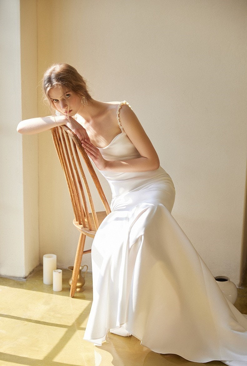 Goddess Style Pearl Beaded Spaghetti-straps Mermaid Satin wedding dress small train SelenaHuanStudio