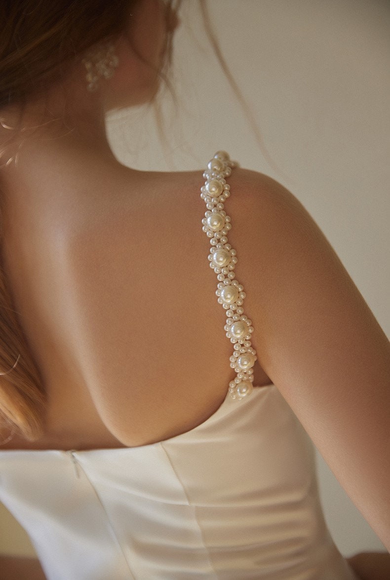 Goddess Style Pearl Beaded Spaghetti-straps Mermaid Satin wedding dress small train SelenaHuanStudio