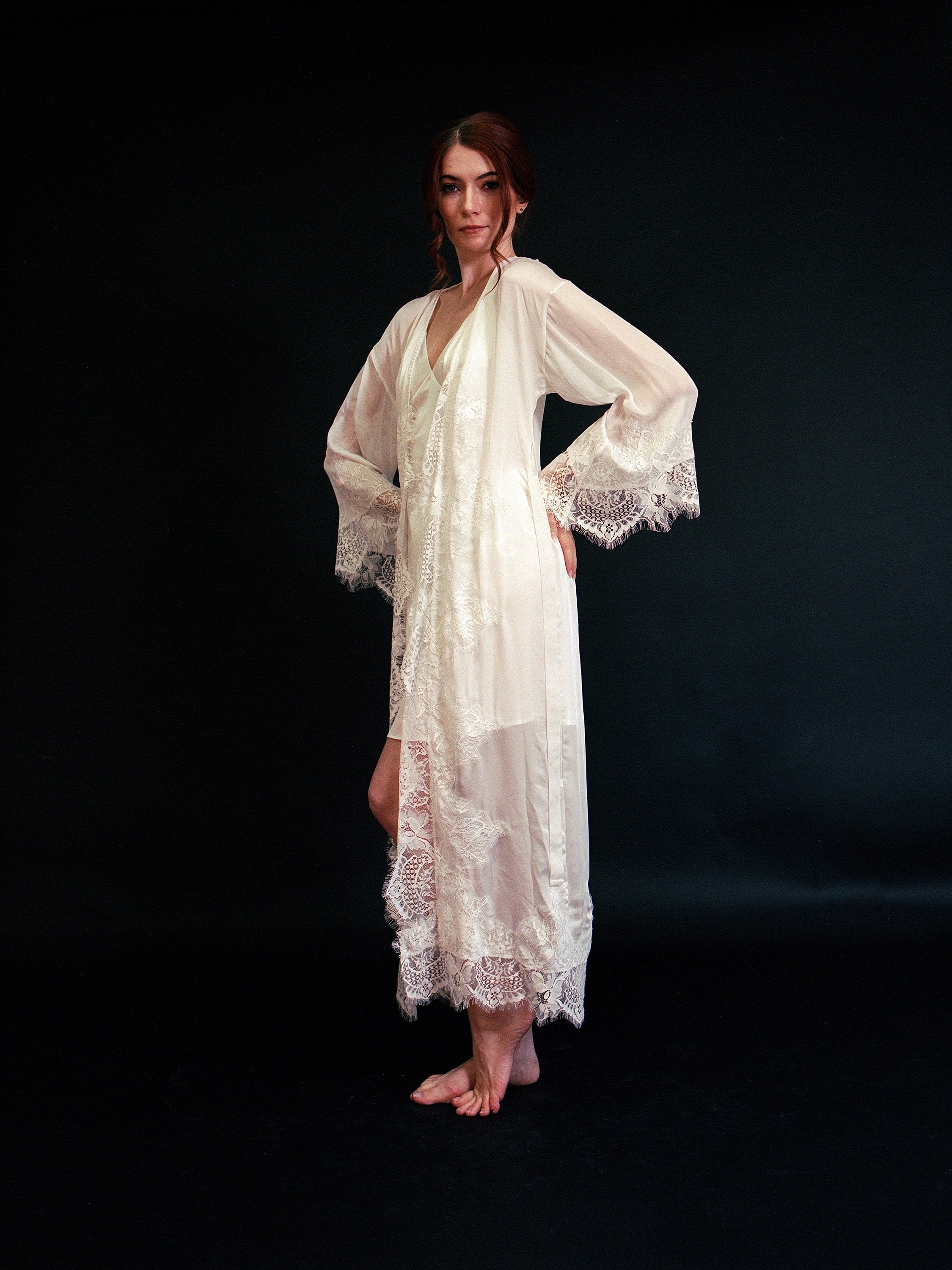 Silky Chiffon Trimmed Lace Long Lingerie Robe with Nightgown SelenaHuanStudio