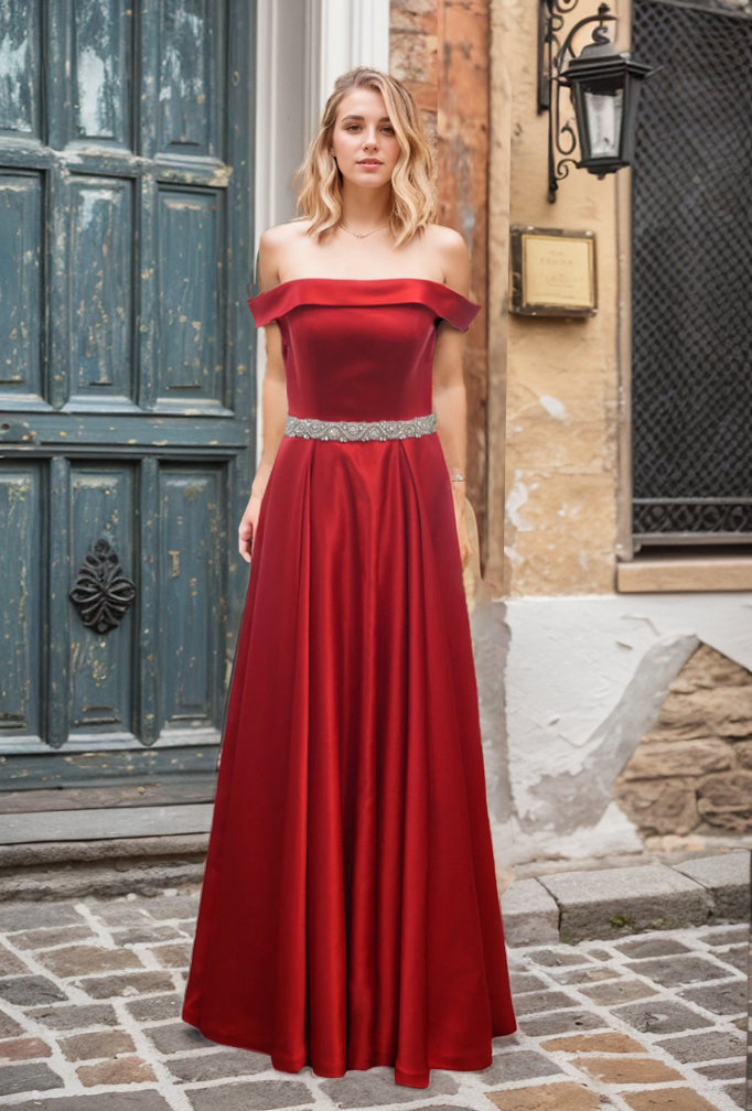 Off-shoulder Ruby Red A-line Japanese Soft Satin Prom Dress with Crystal Beaded Sash SelenaHuanStudio