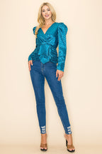 Long Sleeves V neck Top Polka Dot Print Bella Moda Latina