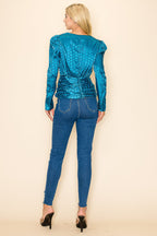 Long Sleeves V neck Top Polka Dot Print Bella Moda Latina