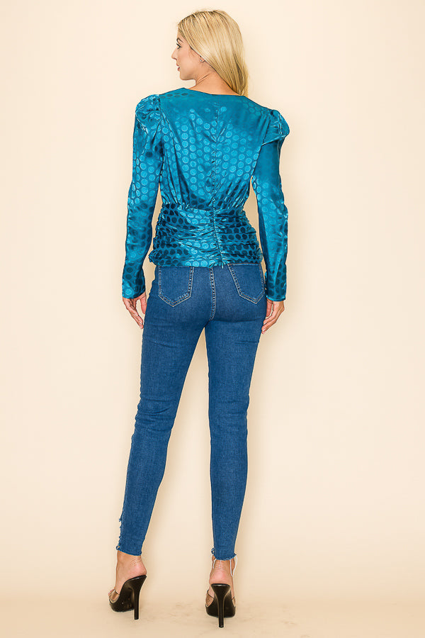 Long Sleeves V neck Top Polka Dot Print Bella Moda Latina