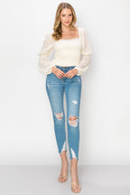 Square Neck Puff Long Sleeve Smocking Detail Blouse Bella Moda Latina
