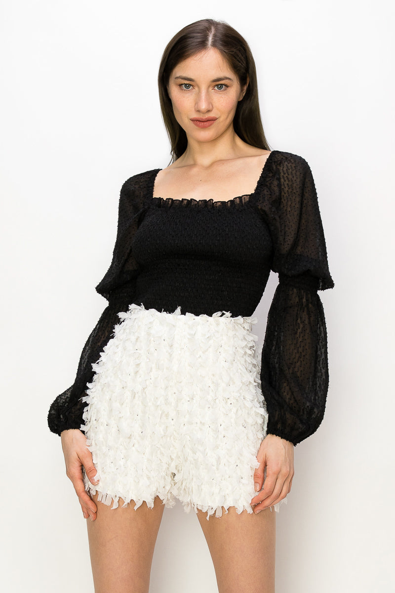 Square Neck Puff Long Sleeve Smocking Detail Blouse Bella Moda Latina