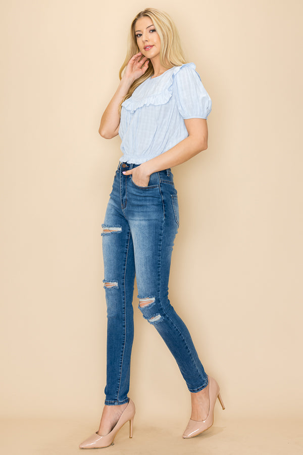 Ruffle crop top with puff sleeve and an open back design Bella Moda Latina