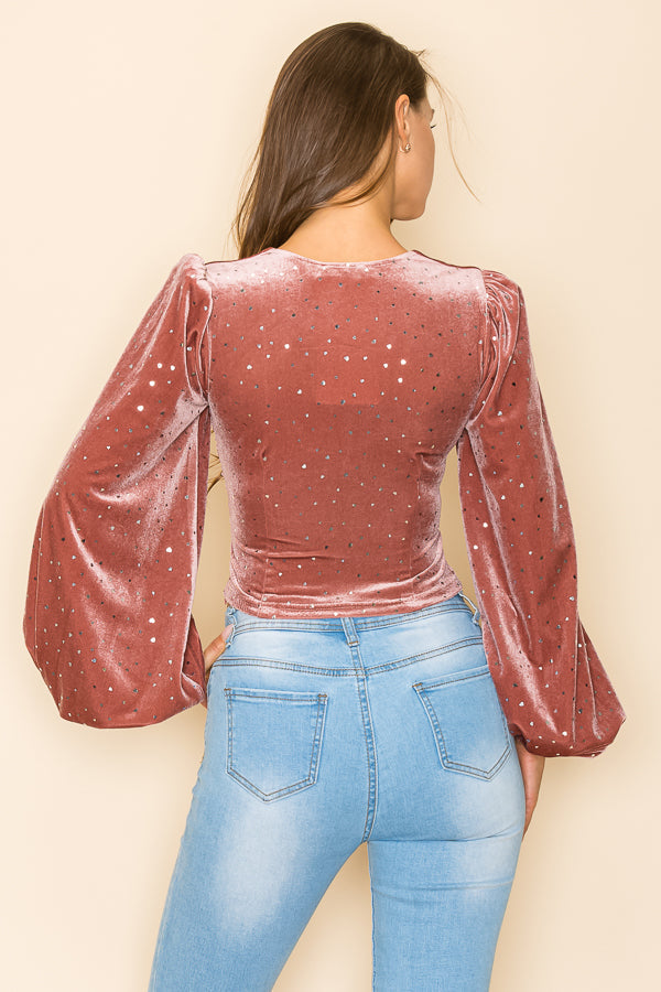 METALLIC VELVET RUCHED FRONT BLOUSE Bella Moda Latina