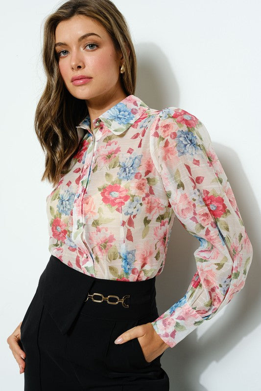 Long Puff Sleeve Floral Print Blouse Top Bella Moda Latina