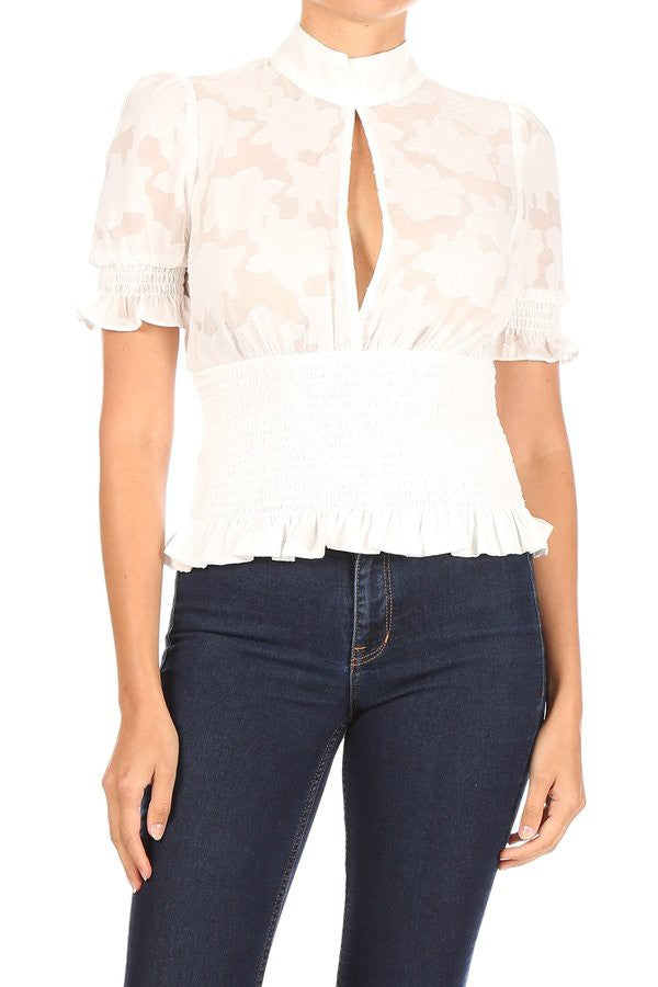 Floral short sleeve top with keyhole slit Bella Moda Latina