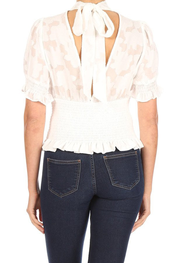 Floral short sleeve top with keyhole slit Bella Moda Latina