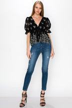 V Neck Puff Short Sleeve Embroidery Top With Self Tie Bow Bella Moda Latina