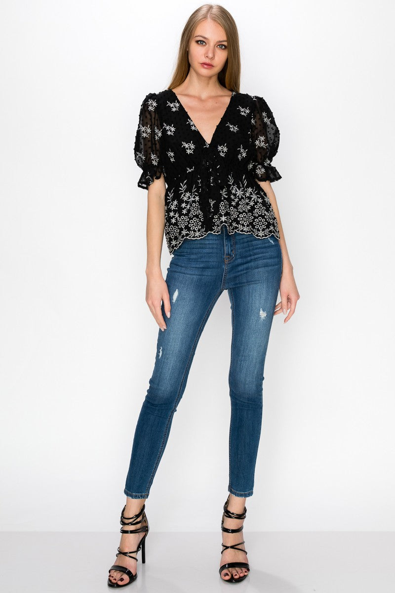 V Neck Puff Short Sleeve Embroidery Top With Self Tie Bow Bella Moda Latina