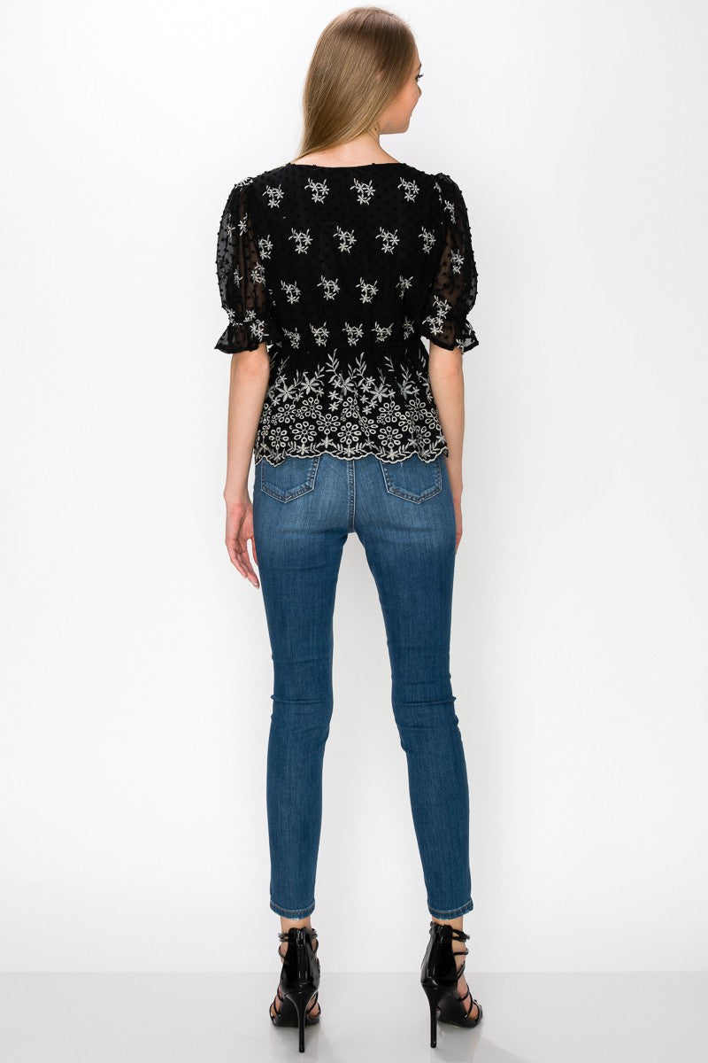 V Neck Puff Short Sleeve Embroidery Top With Self Tie Bow Bella Moda Latina