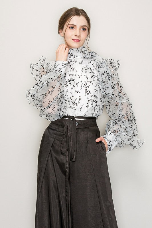 High Neck Long Sleeve Floral Print Frilled Blouse Bella Moda Latina