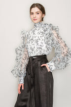 High Neck Long Sleeve Floral Print Frilled Blouse Bella Moda Latina