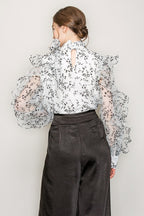 High Neck Long Sleeve Floral Print Frilled Blouse Bella Moda Latina