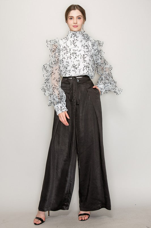 High Neck Long Sleeve Floral Print Frilled Blouse Bella Moda Latina