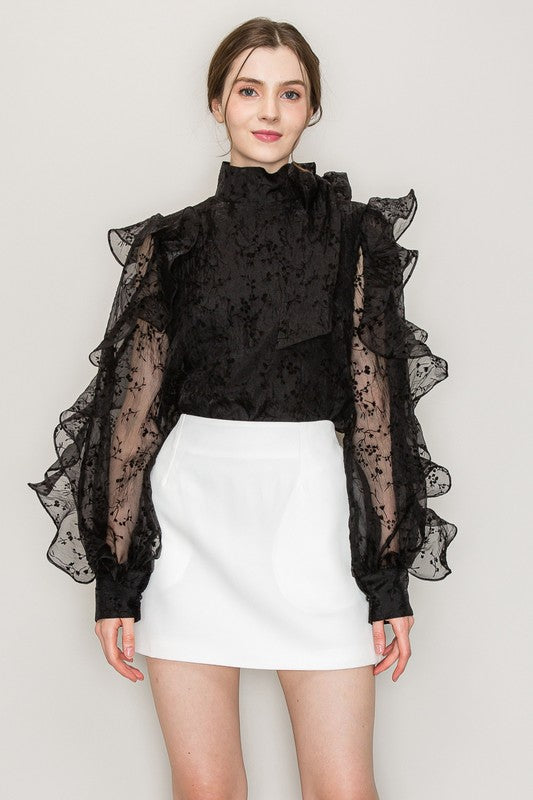 High Neck Long Sleeve Floral Print Frilled Blouse Bella Moda Latina