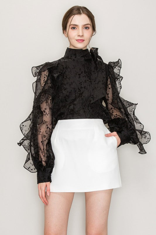 High Neck Long Sleeve Floral Print Frilled Blouse Bella Moda Latina