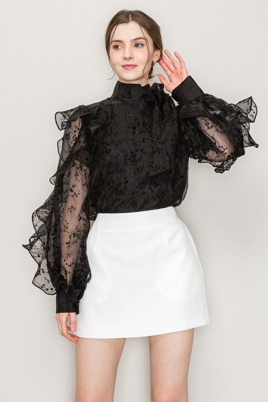 High Neck Long Sleeve Floral Print Frilled Blouse Bella Moda Latina