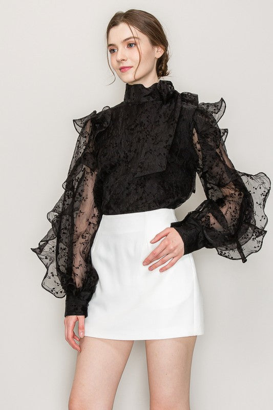 High Neck Long Sleeve Floral Print Frilled Blouse Bella Moda Latina