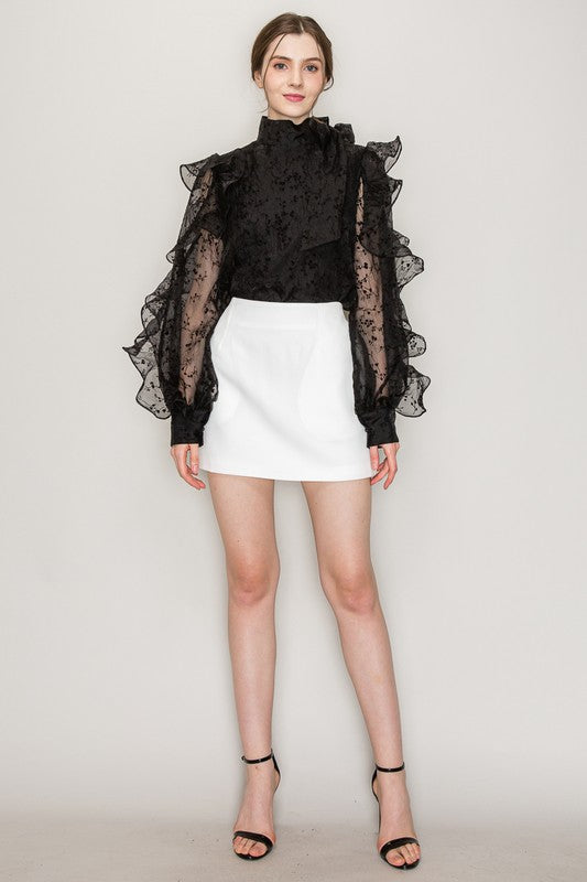 High Neck Long Sleeve Floral Print Frilled Blouse Bella Moda Latina