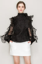 High Neck Long Sleeve Floral Print Frilled Blouse Bella Moda Latina