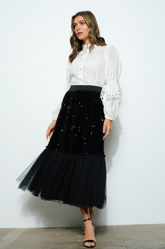 High Neck Long Sleeves Lace Blouse Top Bella Moda Latina