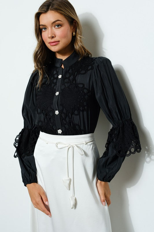 High Neck Long Sleeves Lace Blouse Top Bella Moda Latina