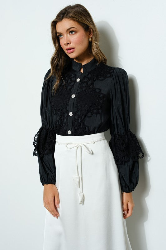 High Neck Long Sleeves Lace Blouse Top Bella Moda Latina