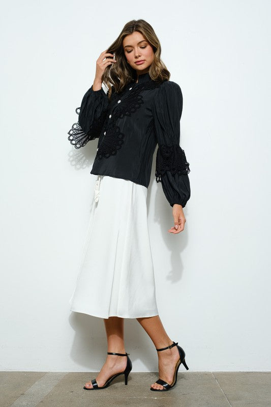 High Neck Long Sleeves Lace Blouse Top Bella Moda Latina