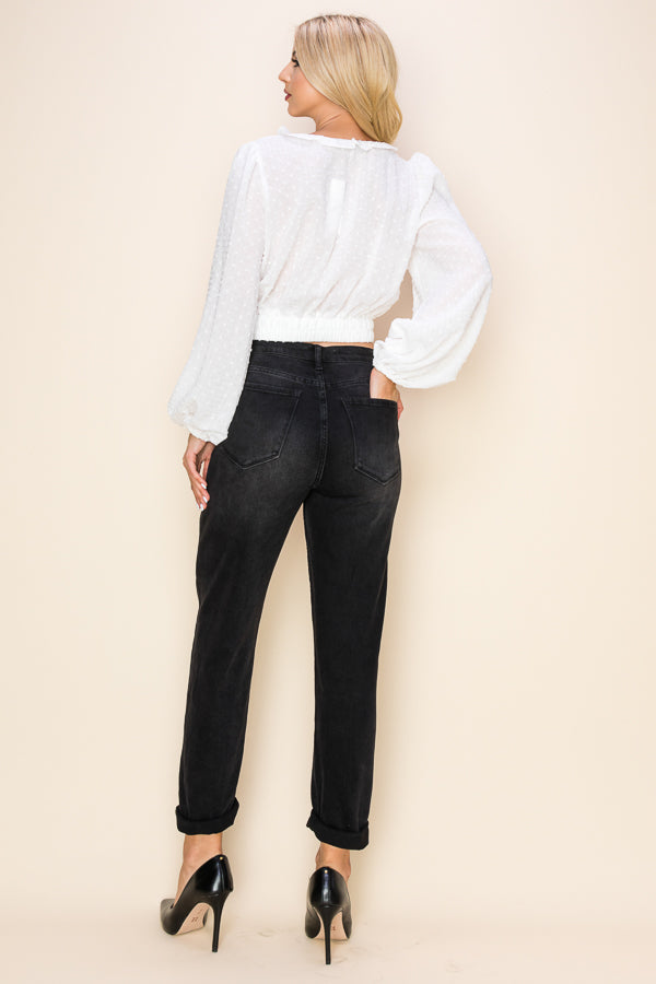 Long Puff Sleeves Ruffle V-Neck Crop Top Bella Moda Latina