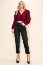 Long Puff Sleeves Ruffle V-Neck Crop Top Bella Moda Latina